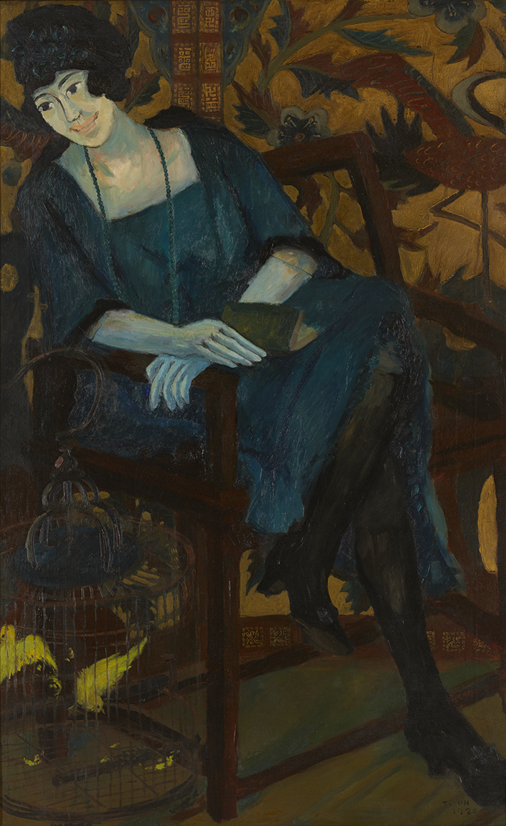 津田青楓《婦人と金絲雀鳥》　1920年　油彩、キャンバス　東京国立近代美術館