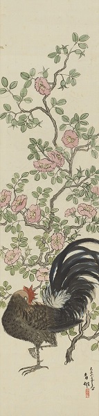 津田青楓《薔薇鶏之図》　1917年　絹本着彩　笛吹市青楓美術館
