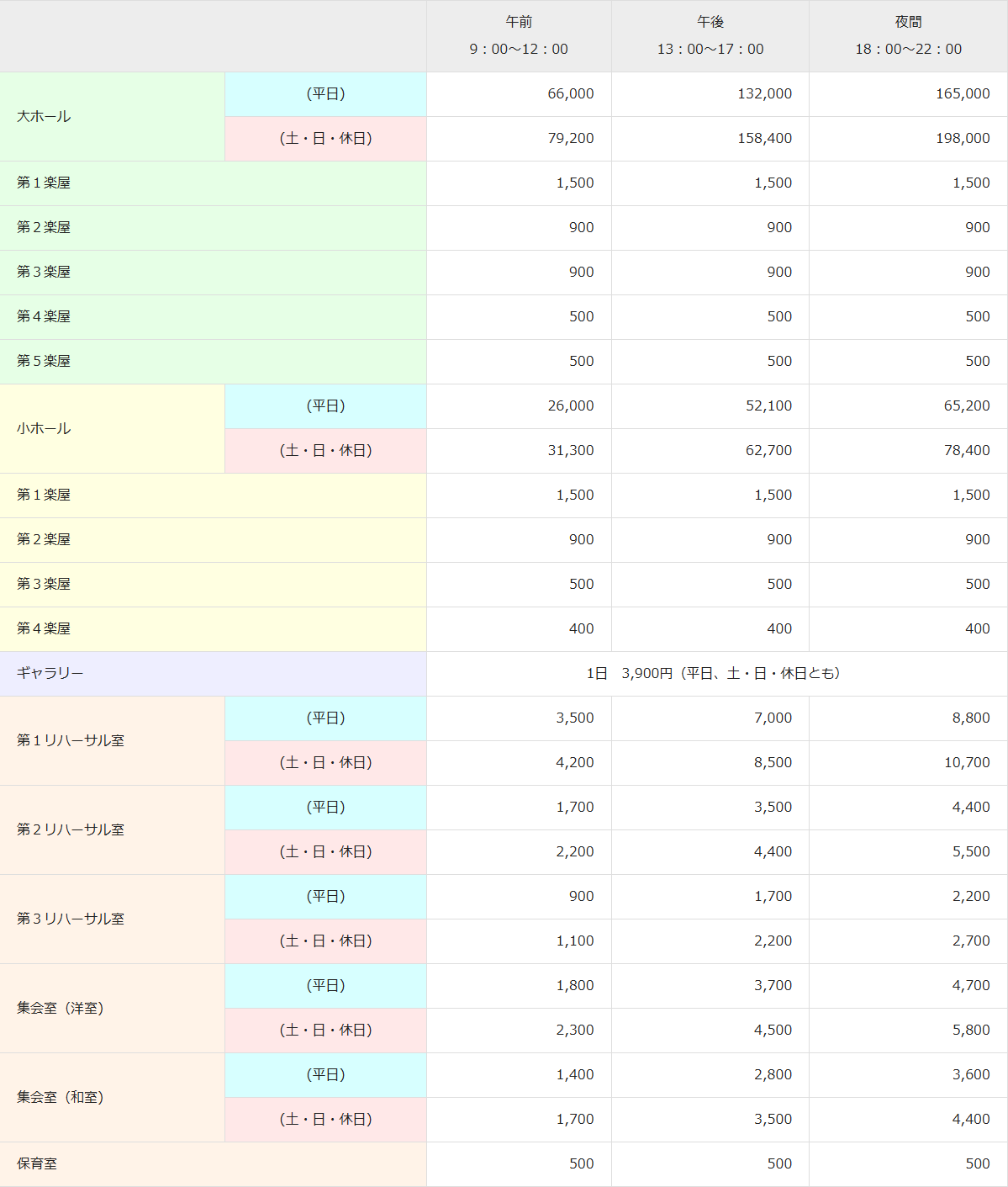 施設料金表(令和8年6月利用分まで)